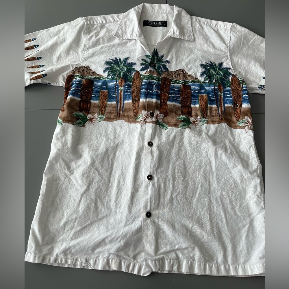 [M]Vintage Favant White Hawaiian Cotton Shirt with Tropical Print